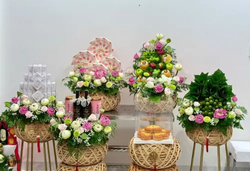 Mâm quả cưới Tone xanh trắng hoa sen