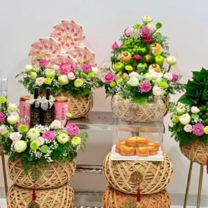 Mâm quả cưới 6 mâm tone hồng ( được đổi màu khay, hoa)
