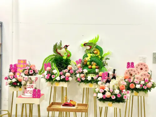 Set Rồng Phụng 6 mâm Xanh cốm mix hoa hồng