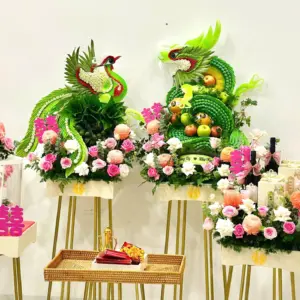 Set Rồng Phụng 6 mâm Xanh cốm mix hoa hồng