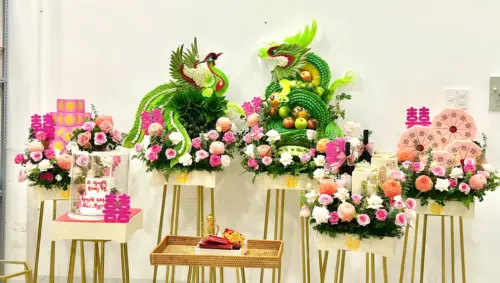 Set Rồng Phụng 6 mâm Xanh cốm mix hoa hồng