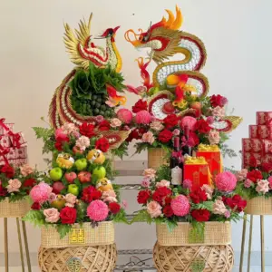 Tráp cưới Mành tone đỏ hồng set 6 mâm
