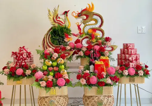 Tráp cưới Mành tone đỏ hồng set 6 mâm