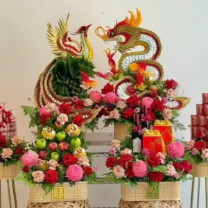 Tráp cưới Mành tone đỏ hồng set 6 mâm