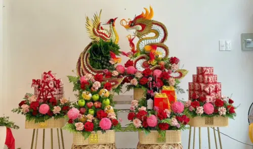 Tráp cưới Mành tone đỏ hồng set 6 mâm