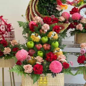 Tráp cưới Mành tone đỏ hồng set 6 mâm