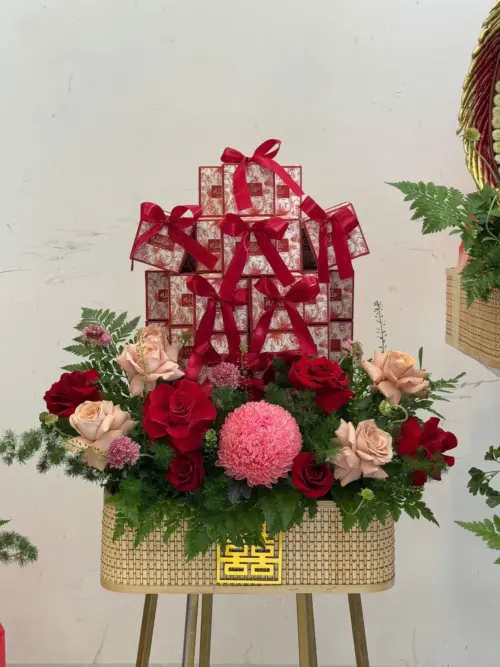 Tráp cưới Mành tone đỏ hồng set 6 mâm