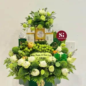 Set dạm ngõ tone xanh- tráp mành combo trà rượu trái cây