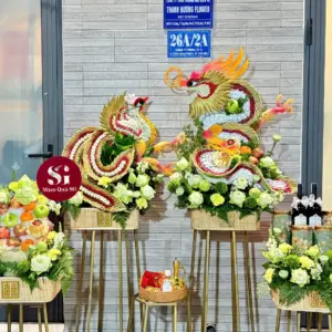 Set 4 mâm rồng phụng hiện đại tone Gold – xanh – trắng