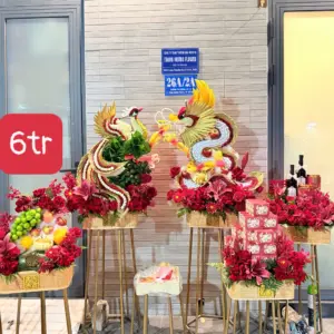 Set Rồng phụng 6 mâm mây vuông tone full đỏ