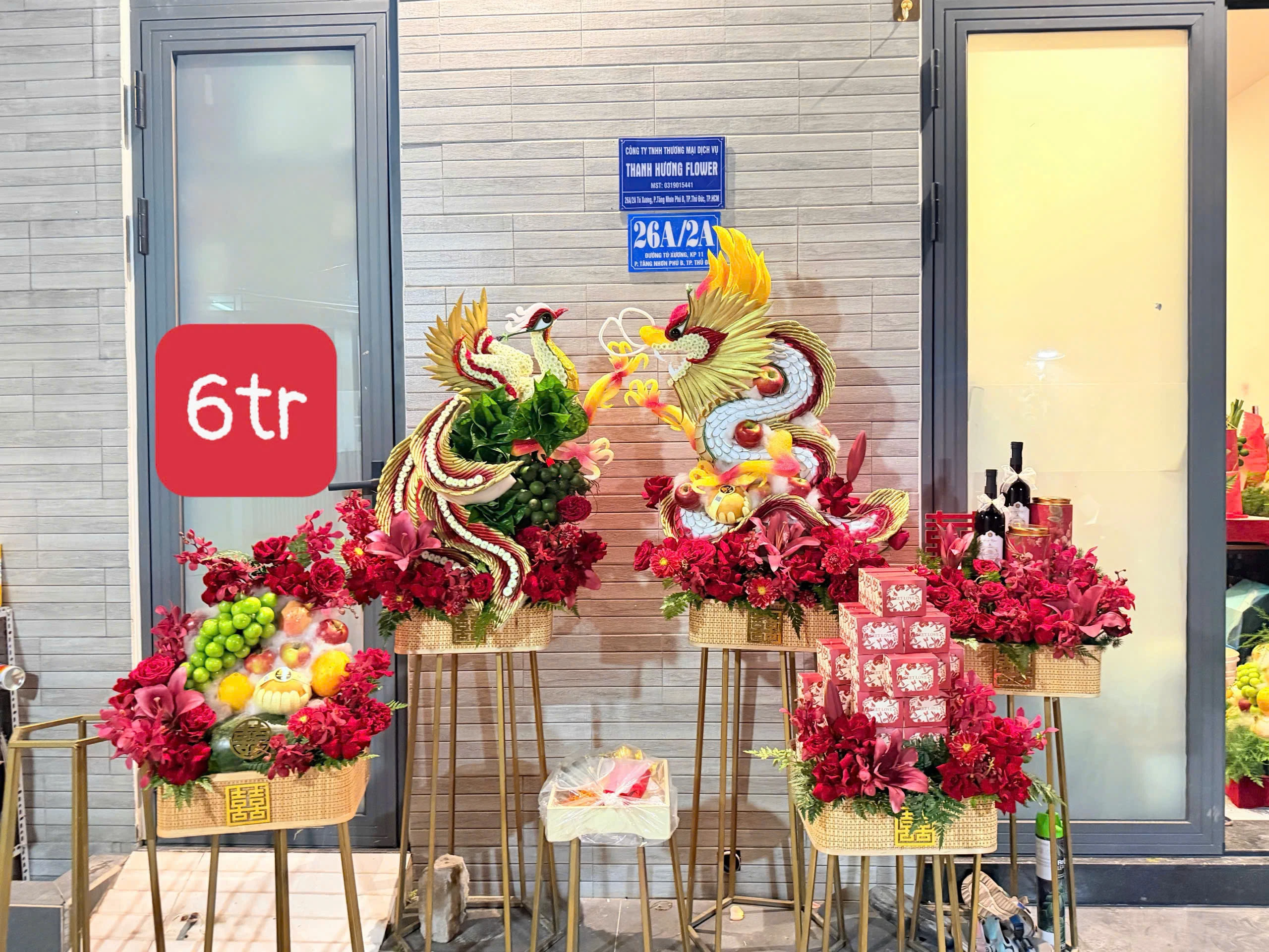 Set Rồng phụng 6 mâm mây vuông tone full đỏ